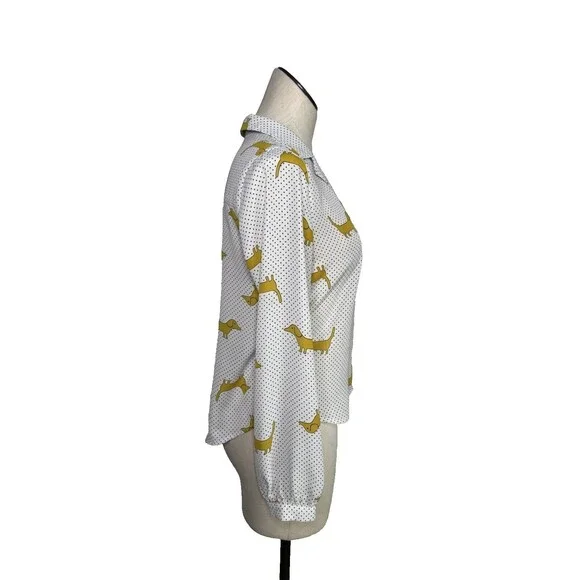 F21 Dachshund Dog Print Button Down Blouse Forever 21 Small - Picture 2 of 12